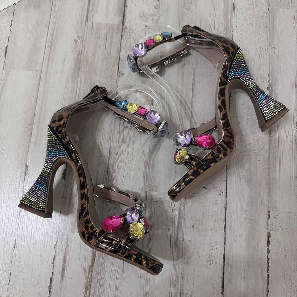 Betsey Johnson Lillie Heels 6.5M Leopard Rhinestone Block Heel Statement Sandals - Picture 3 of 11